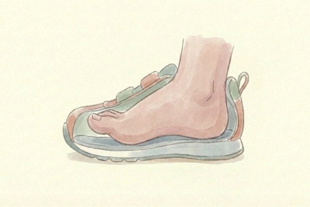 小さなスニーカーに足が押し込まれた挿絵。サイズアウトのサインと痛みのない変形をイメージ