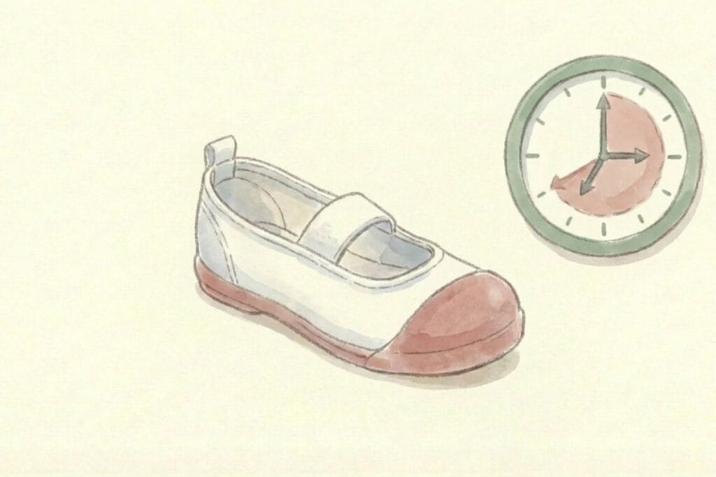 白い上履きと時計が並ぶイラスト。上履きの交換期間を定期チェックするための目安のイメージ
