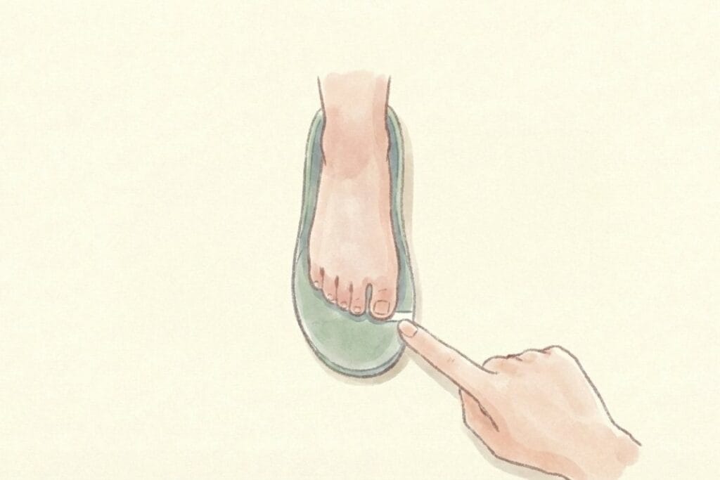 中敷きの上に足を乗せ、つま先側を指さす挿絵。3ヶ月ごとの計測でサイズ確認する方法