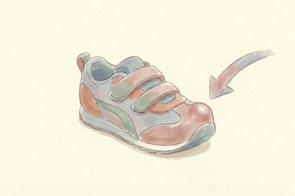 スニーカーのつま先に下向き矢印が描かれた挿絵。捨て寸を確かめるチェック手順の目安