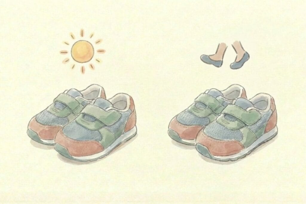 二足のスニーカーと太陽・ブーツのマーク。季節で変わる足のサイズ確認の注意点のイメージ