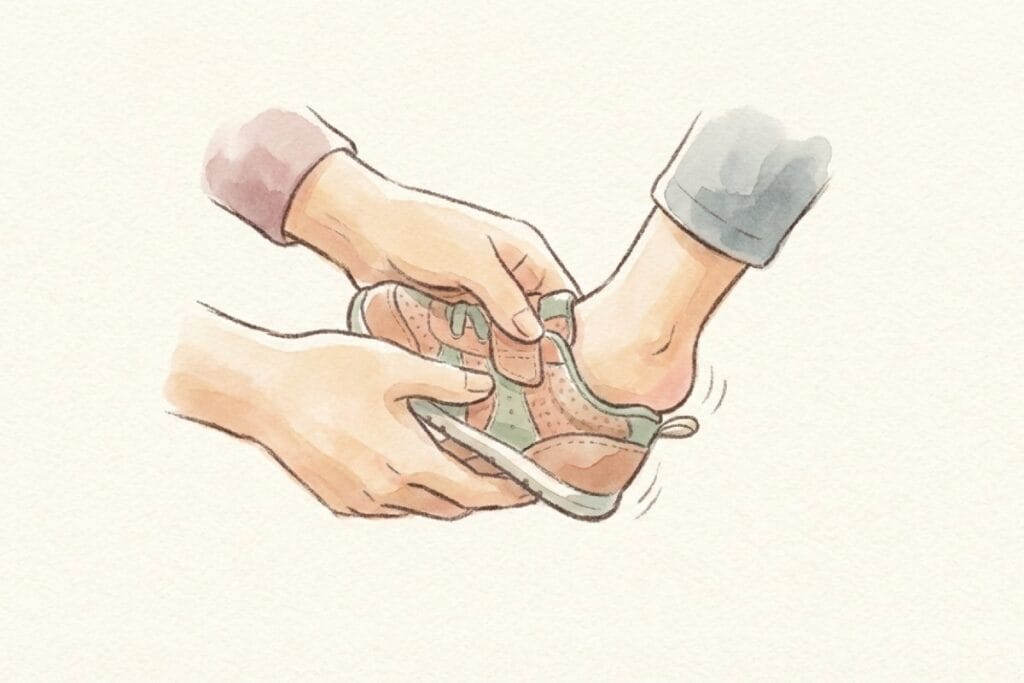 中敷きの上に足を乗せ、つま先側を指さす挿絵。3ヶ月ごとの計測でサイズ確認する方法