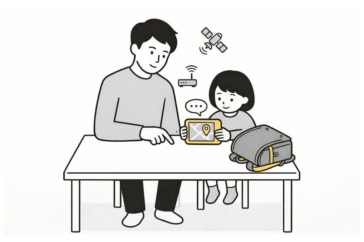 小学生におすすめのGPS端末を親子で確認するイラスト