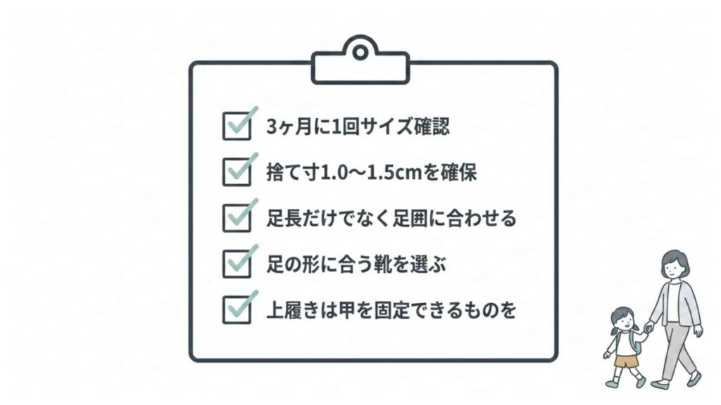 3か月ごとのサイズ確認、捨て寸確保、足囲と足型確認の要点を並べた一覧図