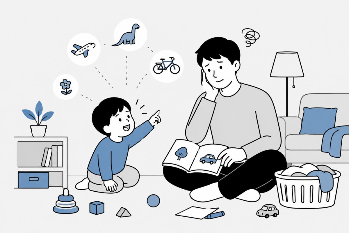 なぜなぜ期のイライラに向き合う親と質問する子どものイラスト