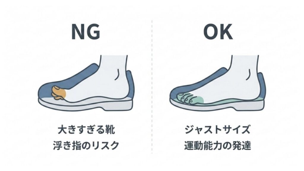大きすぎる靴による浮き指リスクと、ジャストサイズ時の足指位置を示す比較図