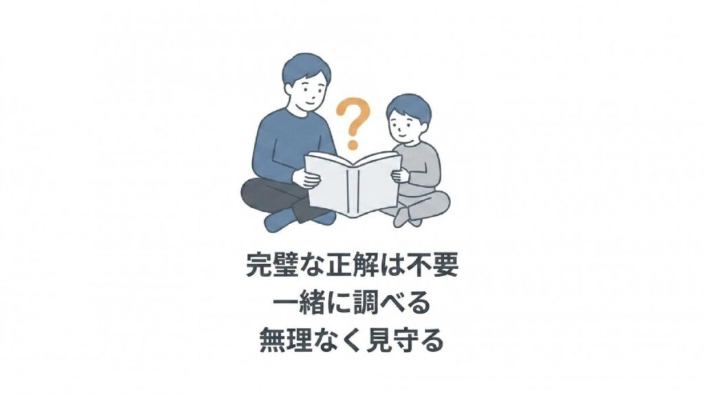 親子で本を見ながら、完璧な正解は不要で一緒に調べる姿勢を示す図