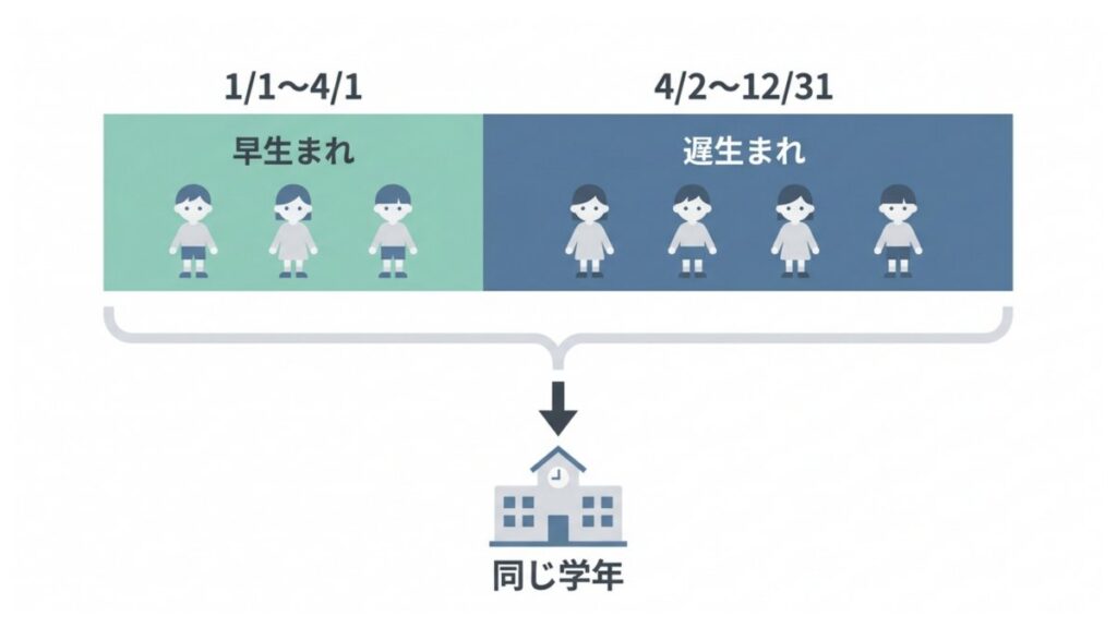 学校制度上の早生まれと遅生まれの期間を分け、同じ学年の範囲を示す図解