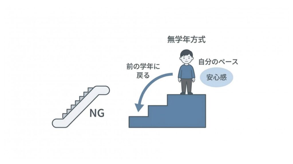 無学年方式で前の学年に戻りながら、自分のペースで学ぶ流れを階段で示した図解