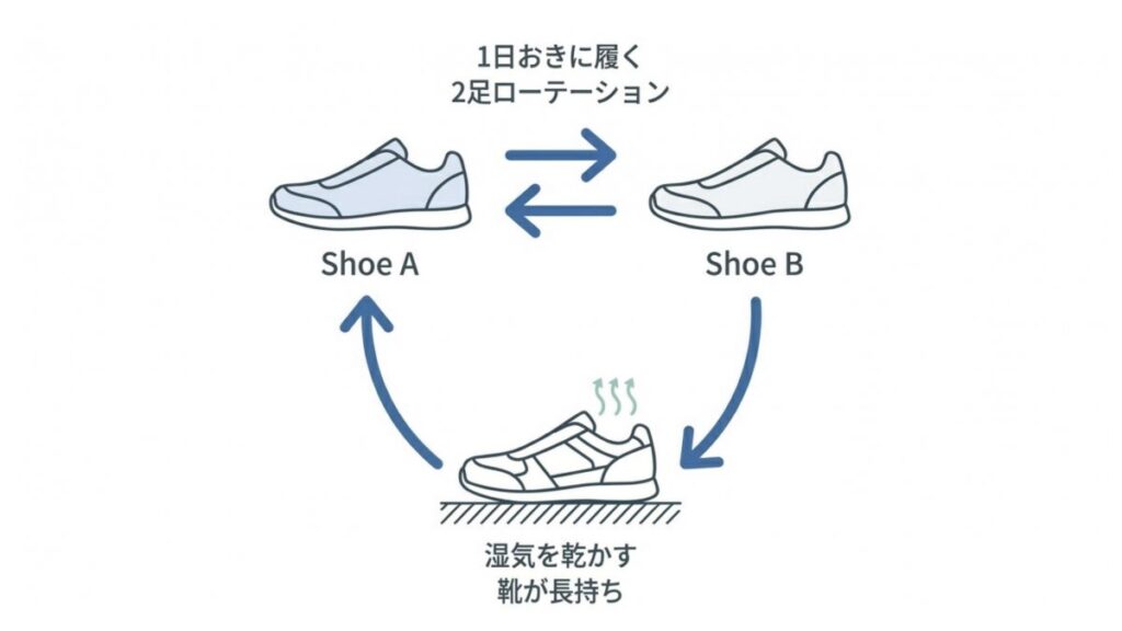 2足ローテーションで湿気を乾かし、靴の寿命を延ばす流れを示した図