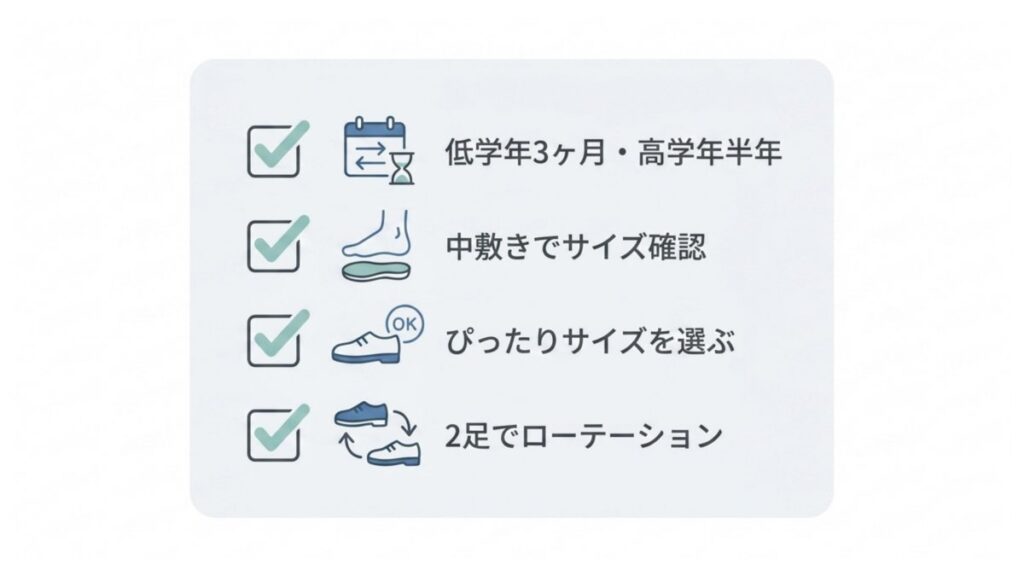 買い替え頻度、サイズ確認、ぴったりサイズ、2足ローテーションを並べた一覧図