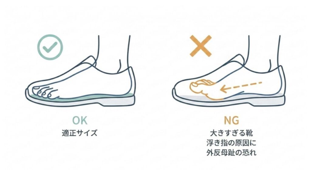 適正サイズと大きすぎる靴を比較し、浮き指や外反母趾の恐れを示した図