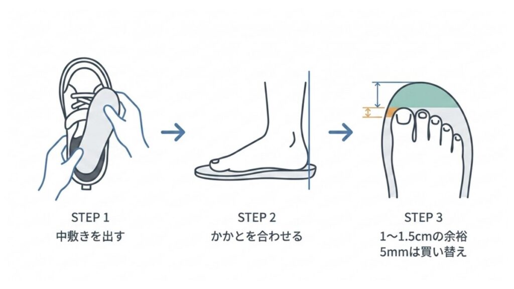 中敷きを使い、かかと合わせとつま先の余裕でサイズアウトを確認する3段階図
