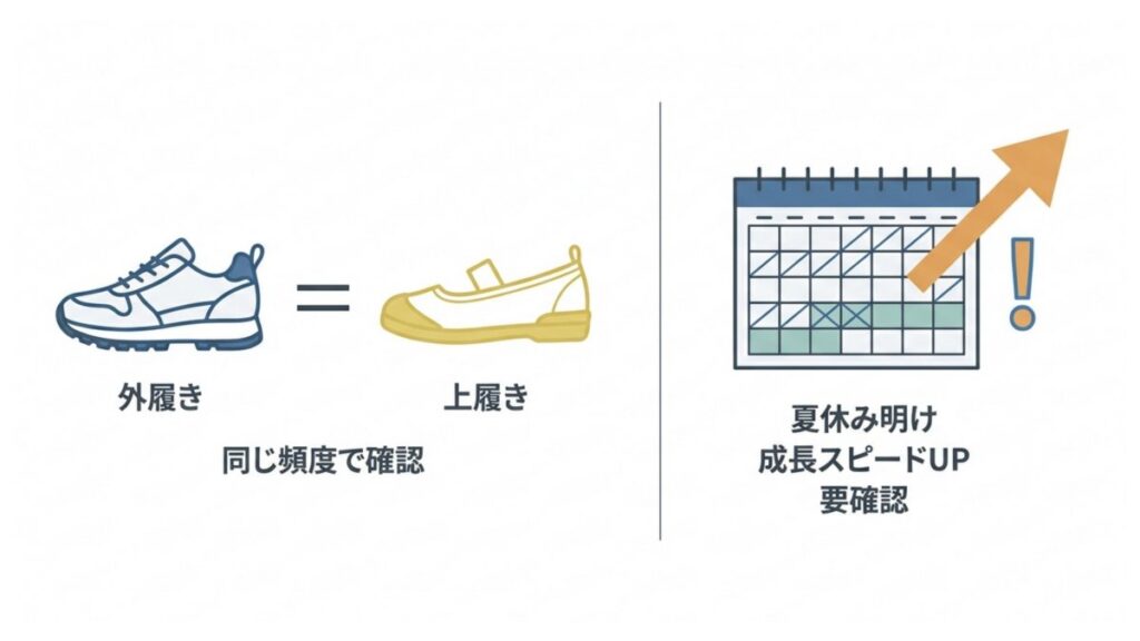 外履きと上履きを同頻度で確認し、夏休み明けのサイズ確認を示した解説図