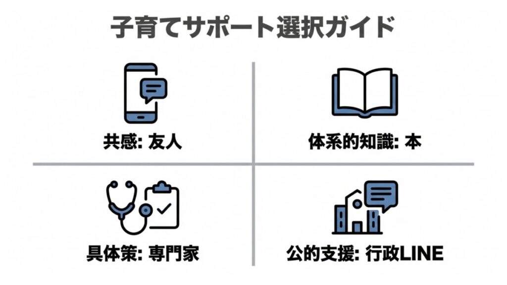 友人、本、専門家、行政LINEの4区分で相談先を整理した選択ガイド