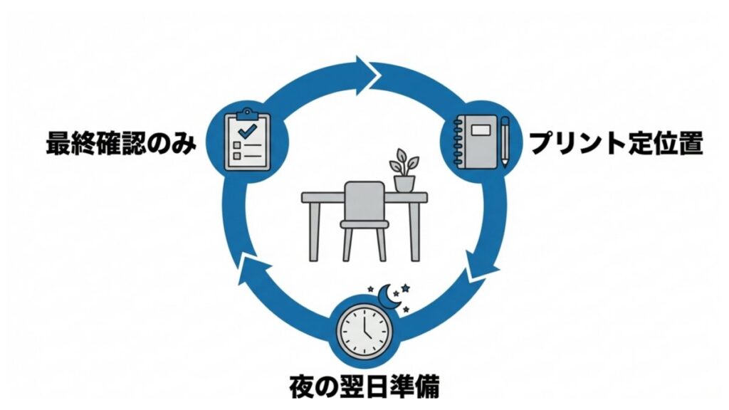 プリント定位置、夜の翌日準備、最終確認のみを循環で示した支援の図