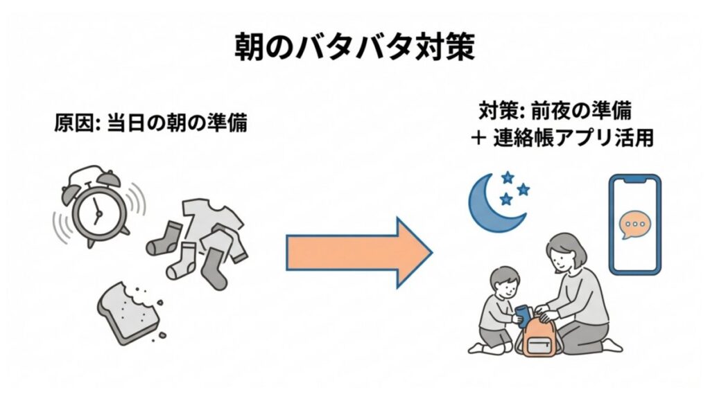 前夜の準備と連絡帳アプリ活用で朝の支度負担を減らす保育園と家庭の連携フロー図