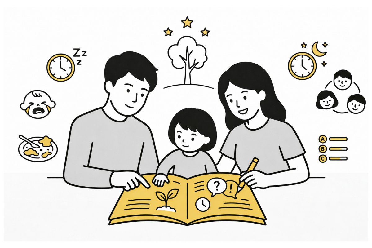 乳幼児の子育てに関する悩みに向き合う親子のイラスト