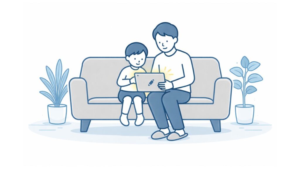 ソファでタブレットを見る親子のイラスト