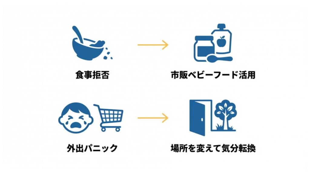 食事拒否に市販ベビーフード、外出パニックに場所変更を対応策として示す育児トラブルの図解