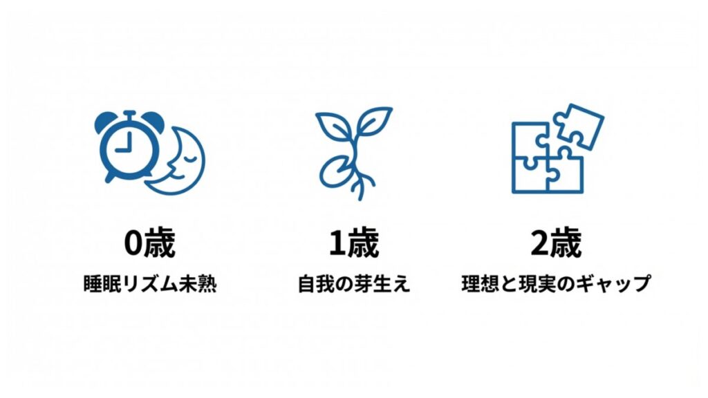 乳幼児期の0歳の睡眠リズム未熟、1歳の自我、2歳の葛藤を並べた発達段階の図解