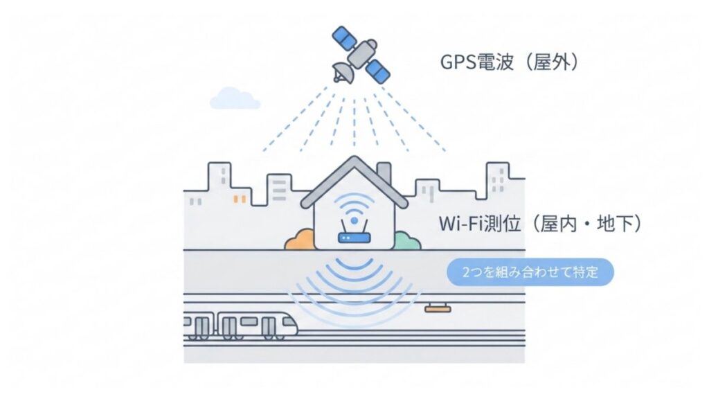 GNSSとWi-Fi測位を組み合わせて現在地を特定する仕組みを示す図解。