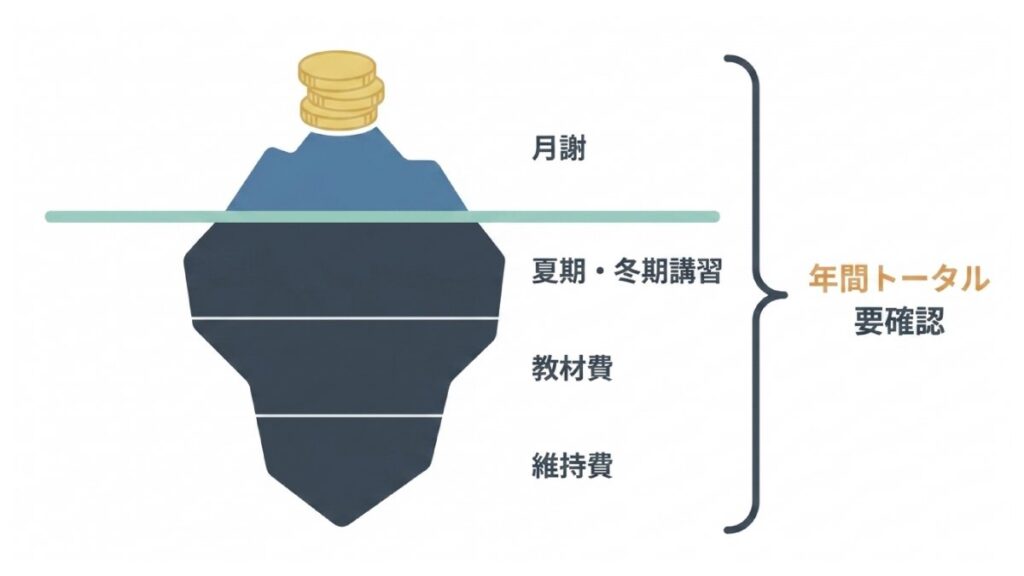 月謝、講習費、教材費、維持費を年間トータルで確認する、塾費用の内訳構造を示した図解