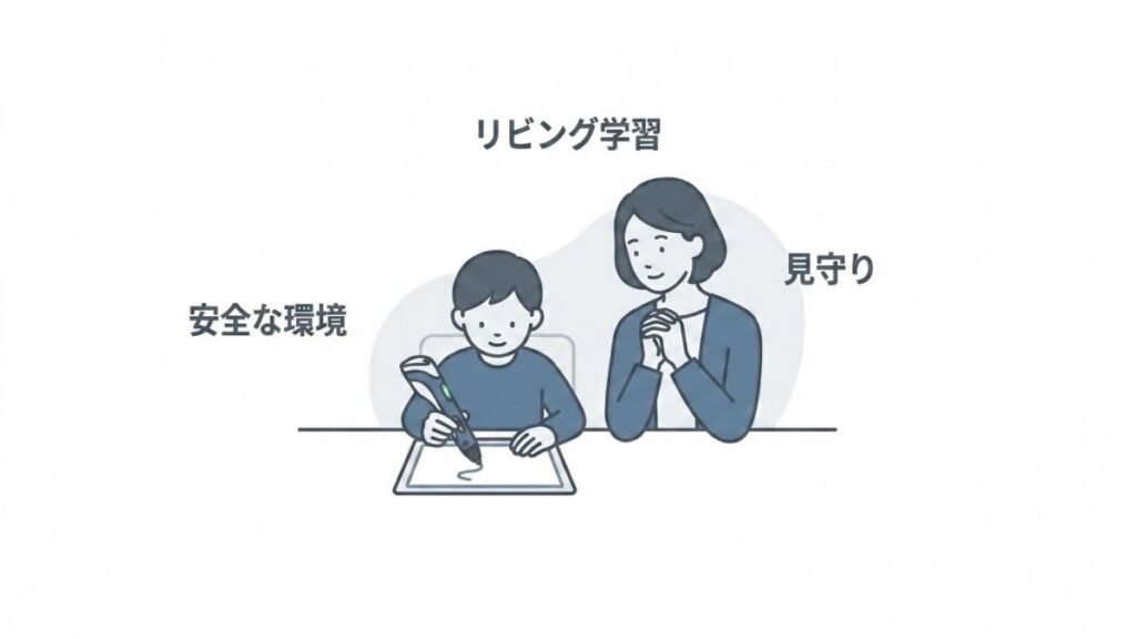 安全な環境で保護者が見守りながら3Dペンを使う学習イメージ
