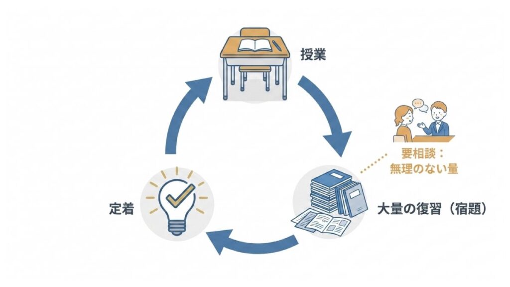 授業から大量の復習（宿題）を経て定着へ向かう学習サイクルと無理のない量の相談点を示す図