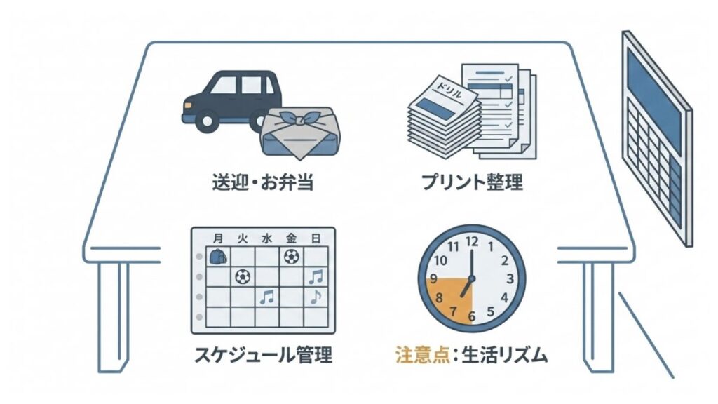 送迎、プリント整理、スケジュール管理、生活リズムなど通塾で生じる親の負担項目を並べた図