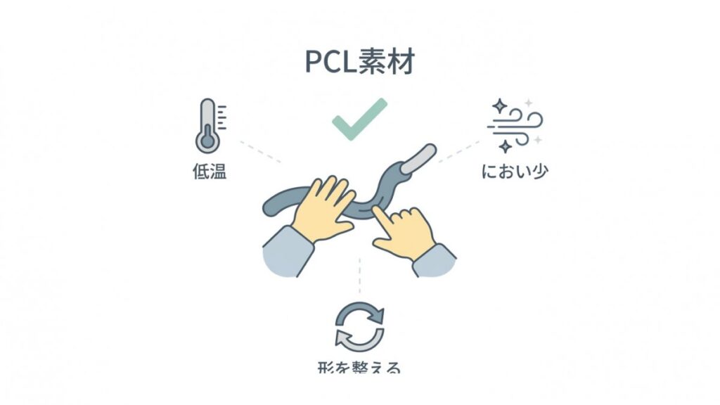 PCL素材の低温、におい少、形を整える特徴を示す解説図