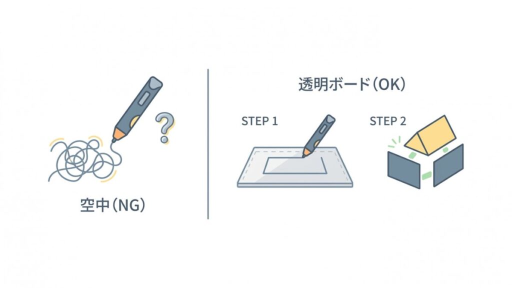 空中描画と透明ボード上での3Dペン作業手順を比較した図解