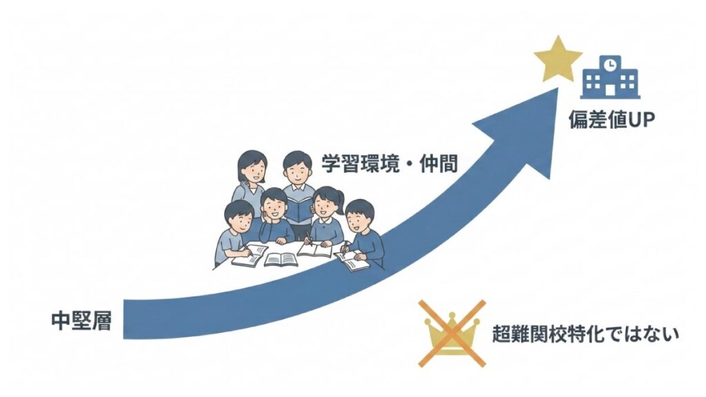 中堅層が学習環境と仲間の効果で偏差値を伸ばし、超難関校特化ではない位置づけを示す図