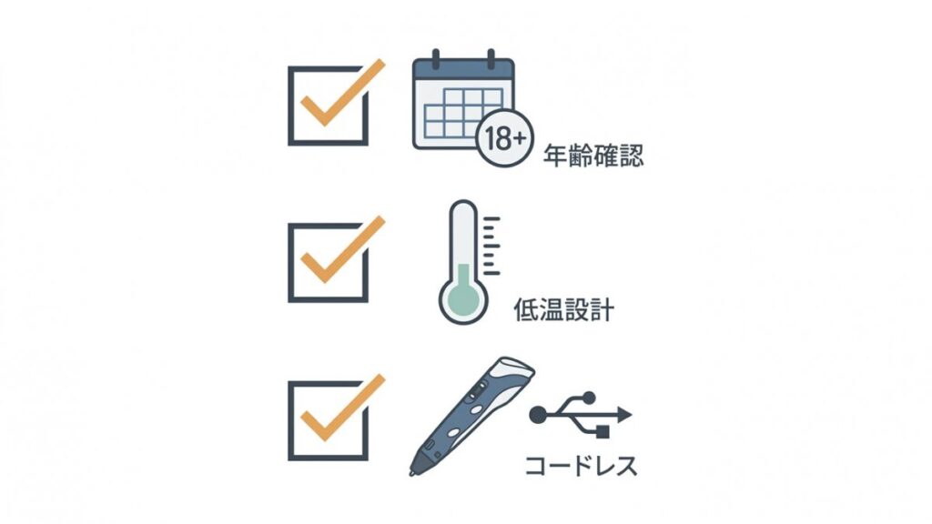 年齢確認、低温設計、コードレスを確認する3Dペン選びのチェック図