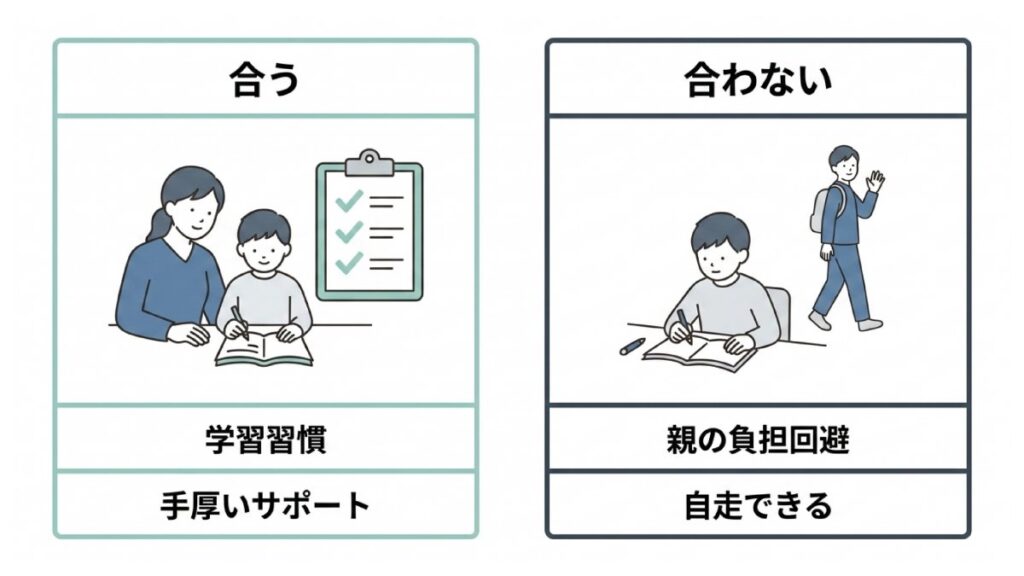 学習習慣と手厚いサポートで合う家庭と、親の負担回避や自走を重視して合わない家庭を対比した図