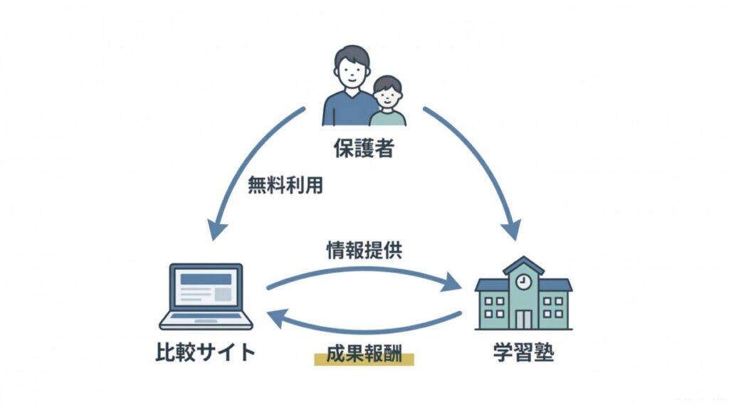 比較サイト、保護者、学習塾間の無料利用・情報提供・成果報酬を示す図解