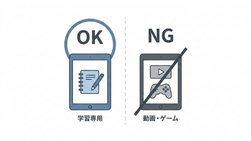 学習専用端末と動画・ゲーム利用を対比した、保護者が管理する安全な学習環境の解説図