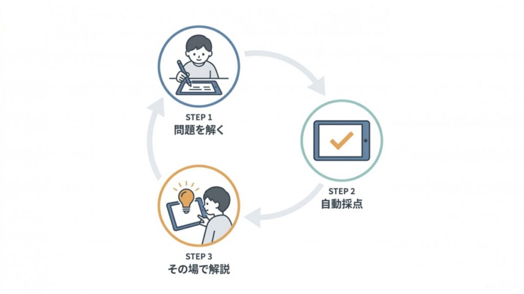 問題演習から自動採点、その場での解説までのタブレット学習サイクルを示すステップ図