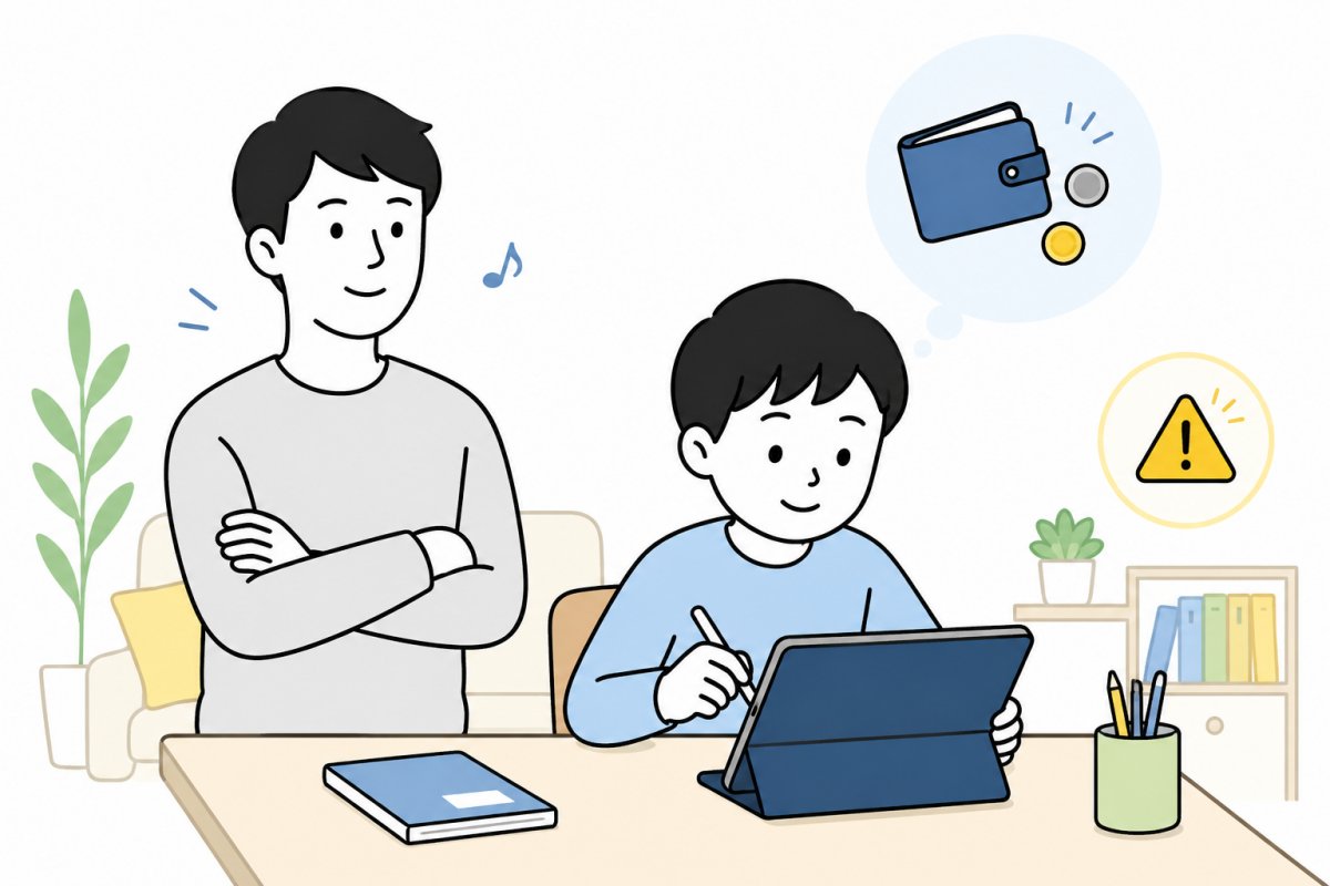 スマイルゼミで学ぶ小学生を見守る親のイラスト