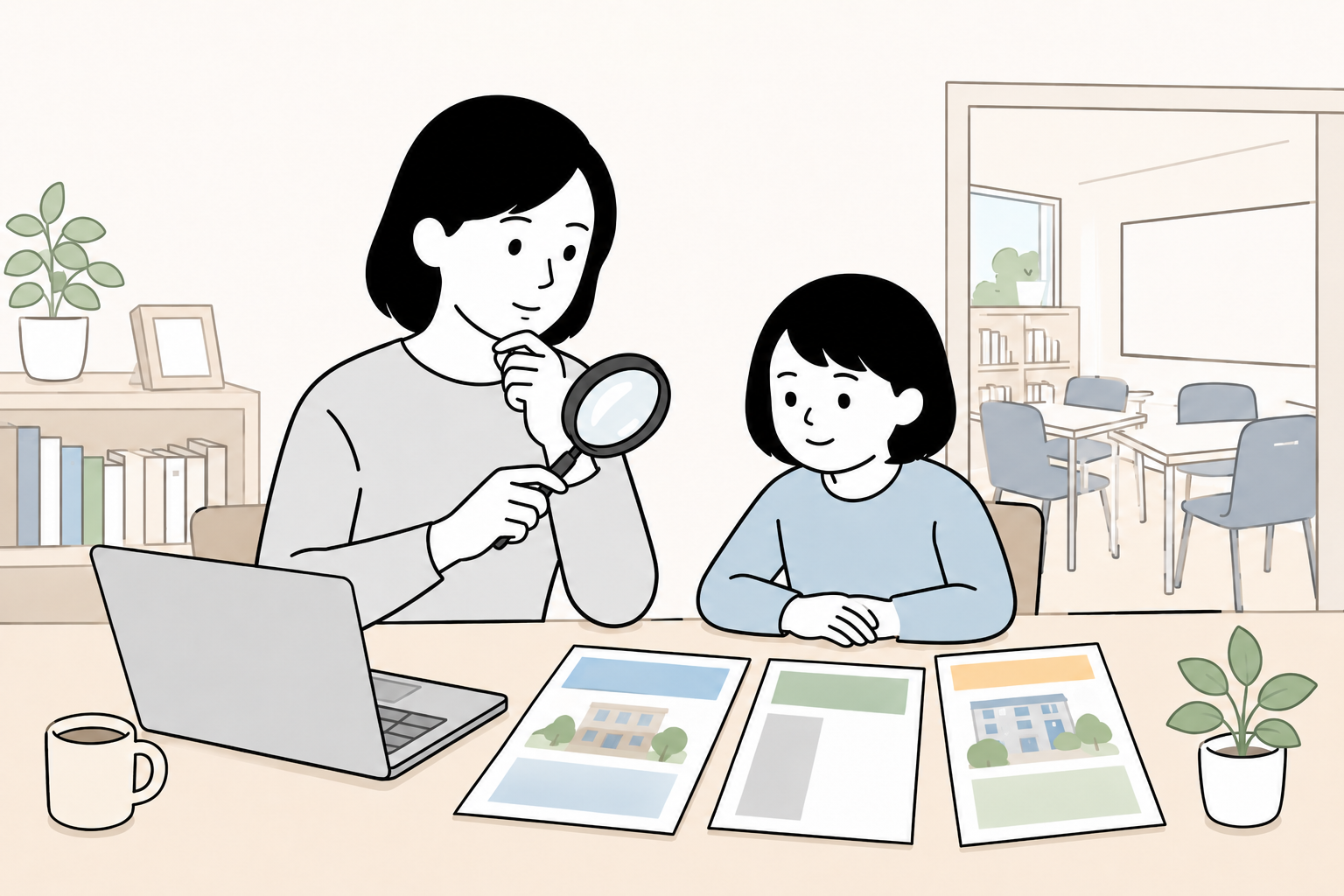 塾選が怪しいか親子で資料を確認する様子